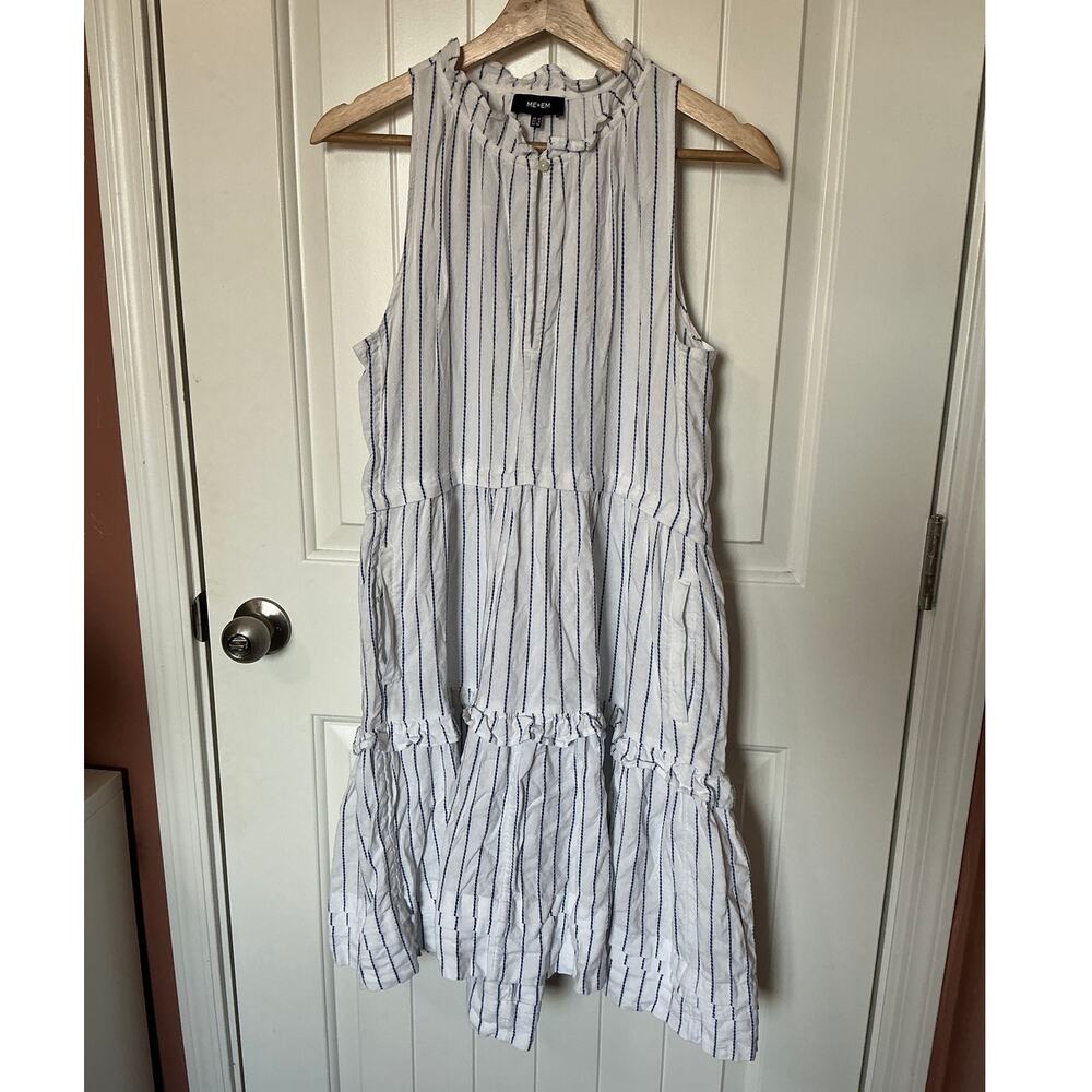 Me+Em Striped Tiered Ruffle Sleeveless Mini Dress W6 White/Blue